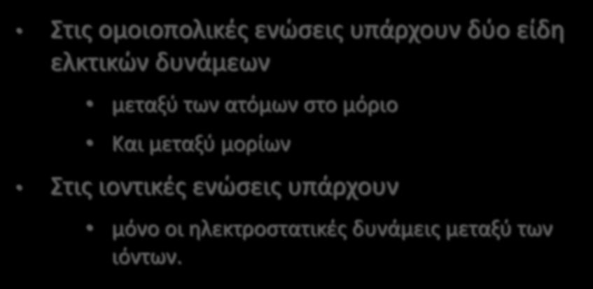 Ποια είναι η κύρια διαφορά (στο χημικό δεσμό) μεταξύ ιοντικών και μοριακών ενώσεων; Στις ομοιοπολικές ενώσεις υπάρχουν δύο είδη ελκτικών