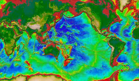 Εικόνα 3: Οι ηπειρωτικές και υποθαλάσσιες επιφάνειες της Γης. Οι διακυµάνσεις του χρώµατος στις θαλάσσιες περιοχές από κόκκινο σε κίτρινο και σε µπλε υποδηλώνουν αύξηση του βάθους.