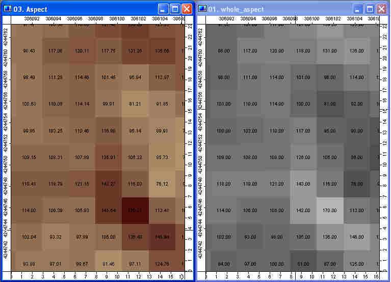 Εικόνα 55 Τµήµα του slope-aspect πριν και µετά την εφαρµογή των modules: Grid Calculator.