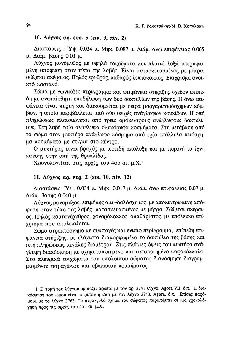 94 Κ. Γ. Ρακατσάνης-Μ. Β. Χοπαλάκη 10. Λύχνος αρ. ευρ. 5 (εικ. 9, πίν. 2) Διαστάσεις : Ύψ. 0.034 μ. Μήκ. 0.087 μ. Διάμ. άνω επιφάνειας 0.065 μ. Διάμ. βάσης 0.03 μ.