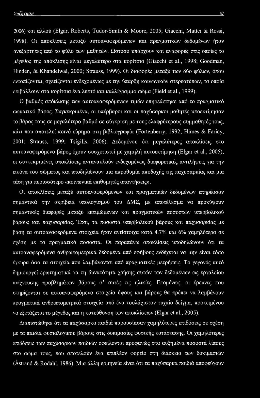 Ωστόσο υπάρχουν και αναφορές στις οποίες το μέγεθος της απόκλισης είναι μεγαλύτερο στα κορίτσια (Giacchi et al., 1998; Goodman, Hinden, & Khandelwal, 2000; Strauss, 1999).