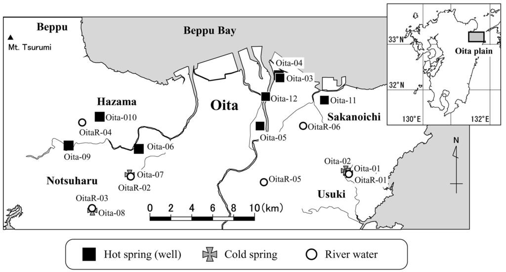 //,**/ 67 Fig. + Map showing locations of water sampling in the Oita plain. Closed squares, gray hatched crosses and open circles show sampling points at hot (), cold and, respectively. Fig. + ph Na, K, Ca, Mg, NH.