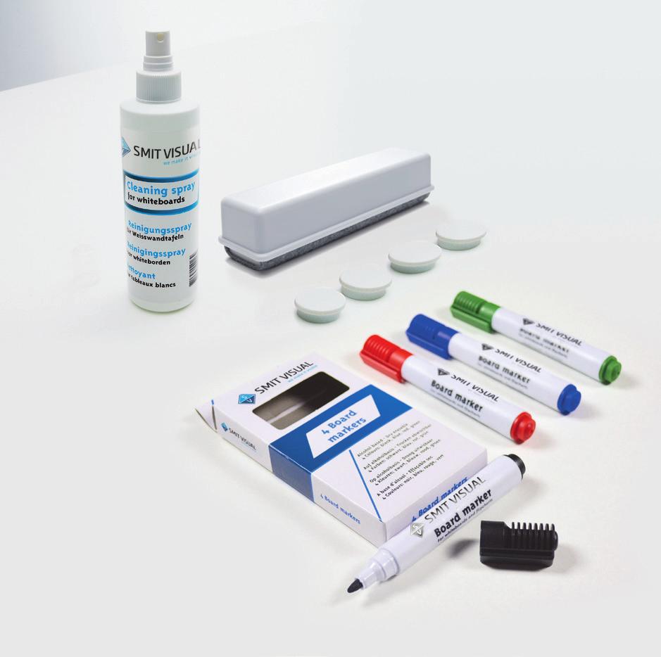 Set bestehend aus 4 verschiedene Boardmar-ker, 5 extra starke weißen Glastafel Magnete, 1 Weiße magnetischer Wischer und 1 Reinigungs-spray, 250 ml.