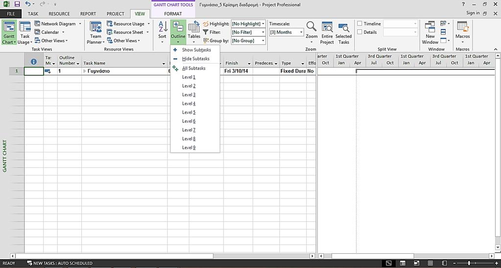 Για την προβολή όλων των δραστηριοτήτων εκτελείται View > Outline > All Subtasks, ενώ για την εμφάνιση μόνο των