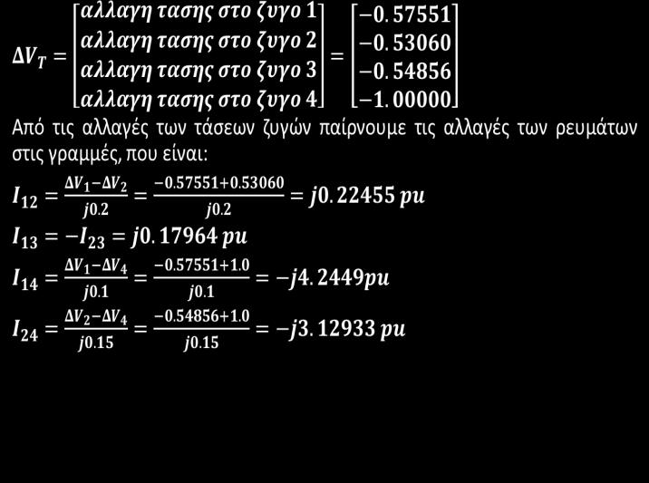 ΔV T = Υπολογισμός των μεταβολών των ρευμάτων και τάσεων(4) αλλαγη τασης στο ζυγο 1 αλλαγη τασης στο ζυγο 2 αλλαγη τασης στο ζυγο 3 αλλαγη τασης στο ζυγο 4 = 0. 57551 0. 53060 0. 54856 1.