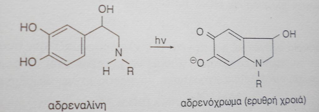 -Κατεχολαμίνες (αδρεναλίνη) Όταν διάλυμα αδρεναλίνης δέχεται υπεριώδη ακτινοβολία, παρουσία οξυγόνου, παρατηρείται μείωση της δράσης του και εμφάνιση