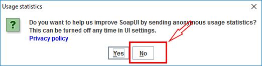 2.3. Εκκίνηση της εφαρμογής SoapUI Μόλις ξεκινήσει το SoapUI, εμφανίζεται το παράθυρο που ακολουθεί, στο οποίο επιλέγουμε No.