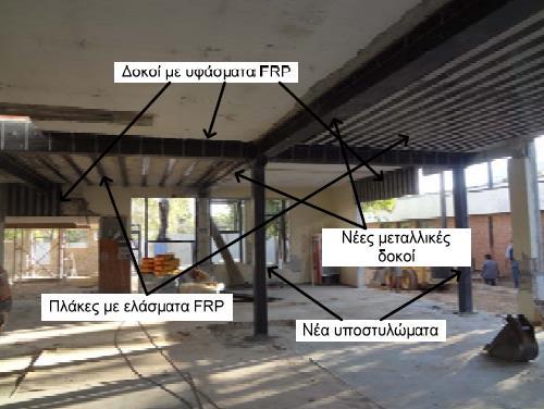 Οι ρωγμές με εύρος μεγαλύτερο από 0,2mm σφραγίστηκαν με κατάλληλο ένεμα. Έπειτα ακολούθησε η ενίσχυση των πλακών και των δοκών με FRP (Σχ. 12).