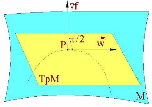 192 Alegând pe α astfel încât să aibă viteza iniţială în α(0) = P, găsim α (0) = w = w 1 ı + w 2 j + w 3 k, 0 = f x (α(0)) dx dt (0) + f y(α(0)) dy dt + f z(α(0)) dz dt (0) = = f x (P )w 1 + f y (P