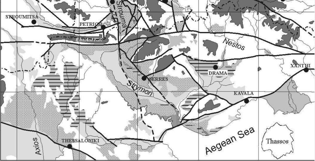 Εικόνα 2 Απεικόνιση των κύριων νεοτεκτονικών ρηγμάτων (κόκκινες γραμμές) στην λεκάνη των Σερρών και των δύο διευθύνσεων ανάπτυξης της (πράσινα βέλη) (Τροποποιημένο από Zagorchev, 2002).
