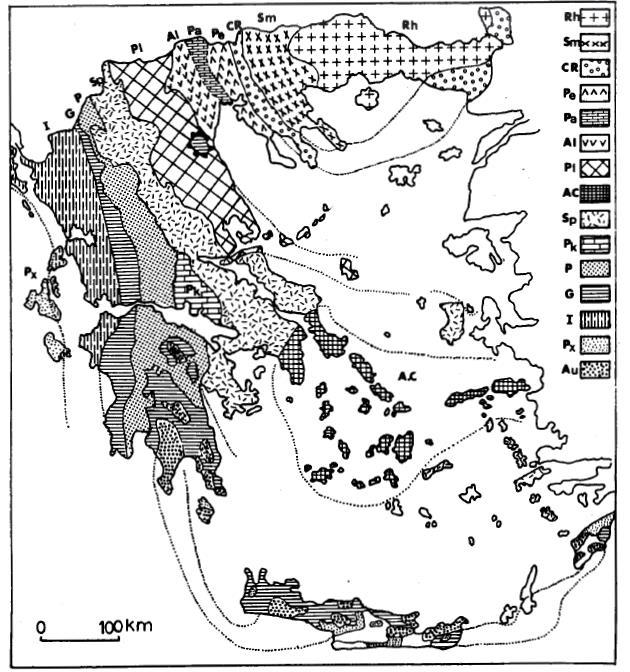 Rh: Μάζα Ροδόπης, Sm: Σερβομακεδονική Μάζα, CR: Περιροδοπική Ζώνη, Pe: Ζώνη Παιονίας, Ρα: Ζώνη Πάικου, Αl: Ζώνη Αλμωπίας, Pl: Πελαγονική Ζώνη, AC: Αττικο Κυκλαδική Ζώνη, Sp: