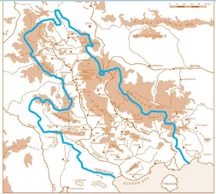 Εικόνα 6. Απεικόνιση του υδροκρίτη (γαλάζιο χρώμα) τα όρια ολόκληρης της υδρολογικής λεκάνης απορροής του Στρυμόνα ποταμού. (Τροποποιημένο από (Zagorchev, 2007).