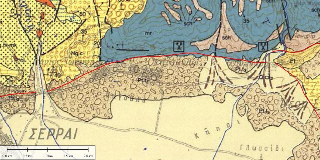 Το ρηξιγενές πρανές φέρνει σε επαφή, σύμφωνα με τον γεωλογικό χάρτη του Ι.Γ.Μ.Ε.