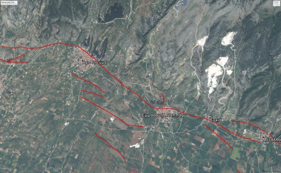 ΡΗΞΙΓΕΝΕΣ ΠΡΑΝΕΣ 4: 22 23 24 25 4 27 Β Εικόνα 42 Απεικόνιση του 4 ου, 22 ου, 23 ου, 24 ου, 25 ου και 27 ου ρηξιγενούς πρανούς μέσω του προγράμματος Google Earth Pro.