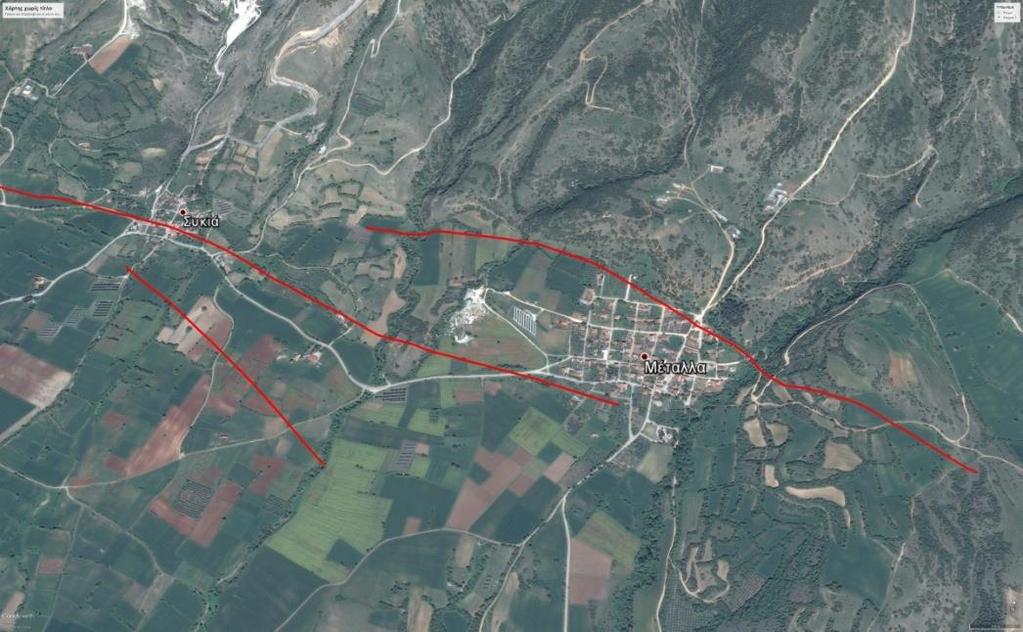 ΡΗΞΙΓΕΝΕΣ ΠΡΑΝΕΣ 5: Β 5 Εικόνα 49 Απεικόνιση του 5 ου ρηξιγενούς πρανούς μέσω του προγράμματος Google Earth Pro προβαλλόμενo στο γεωλογικό χάρτη της περιοχής (Γεωλογικός χάρτης του ΙΓΜΕ, κλίμακας