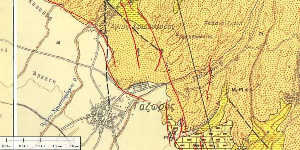 αποθέσεις με απολιθώματα του κάτω τεμάχους με χερσαίο σχηματισμό κροκαλολατυποπαγών του άνω τεμάχους.