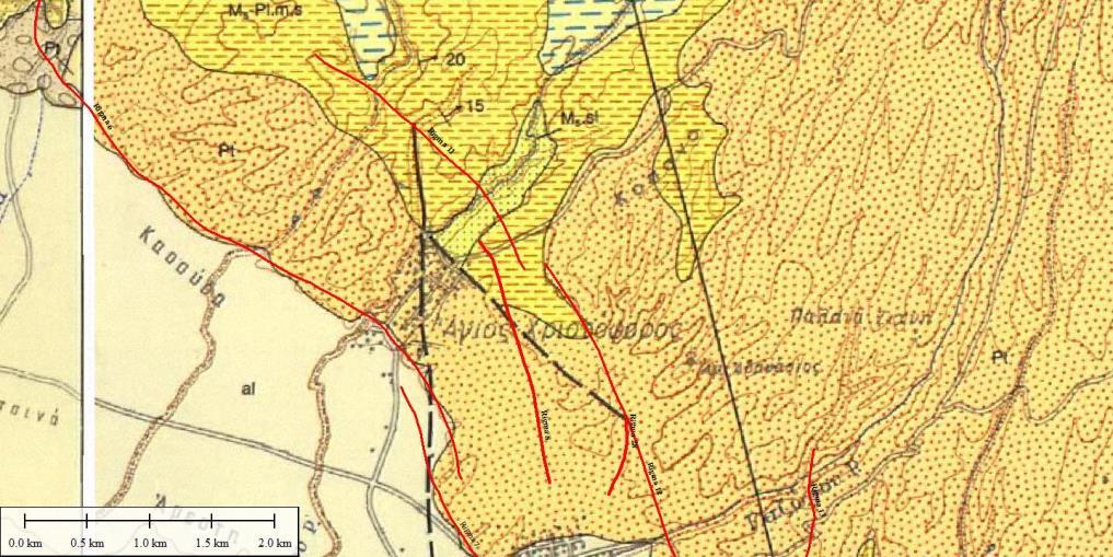 11 8 28 Εικόνα 72 Αποτύπωση του 8 ου, 11 ου και 28 ου ρηξιγενούς πρανούς και του γεωλογικού υποβάθρου που τέμνουν, μέσω του προγράμματος Global Mapper 15 προβαλλόμενο στο γεωλογικό χάρτη της περιοχής