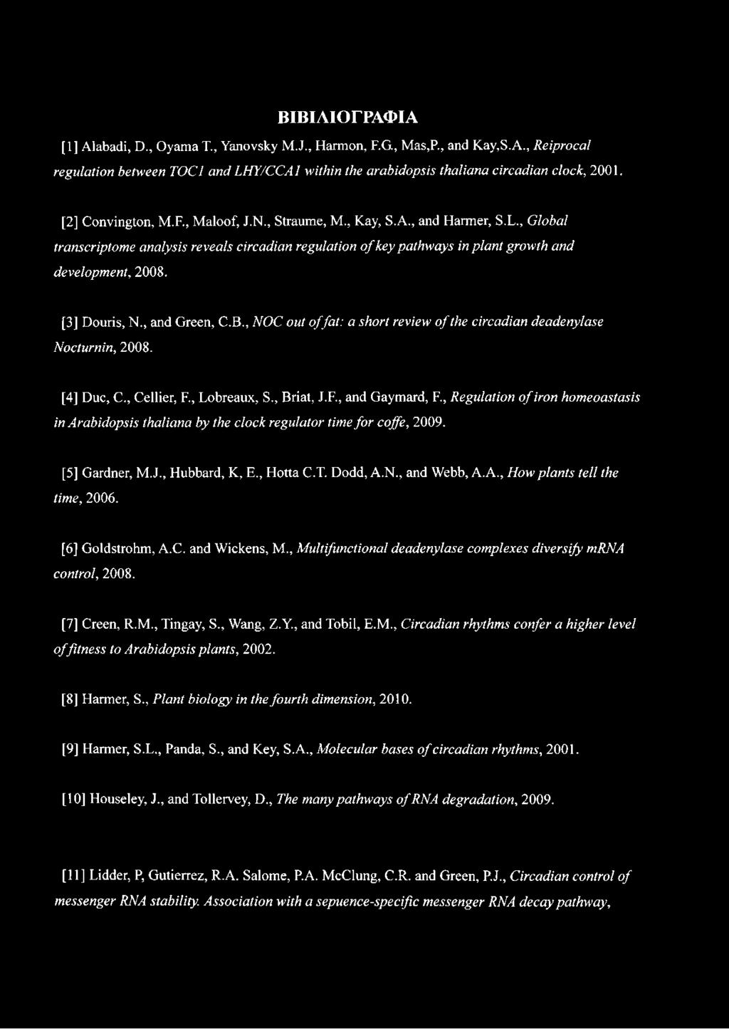 [3] Douris, N., and Green, C.B., NOC out offat: a short review o f the circadian deadenylase Nocturnin, 2008. [4] Due, C., Cellier, F., Lobreaux, S., Briat, J.F., and Gaymard, F.