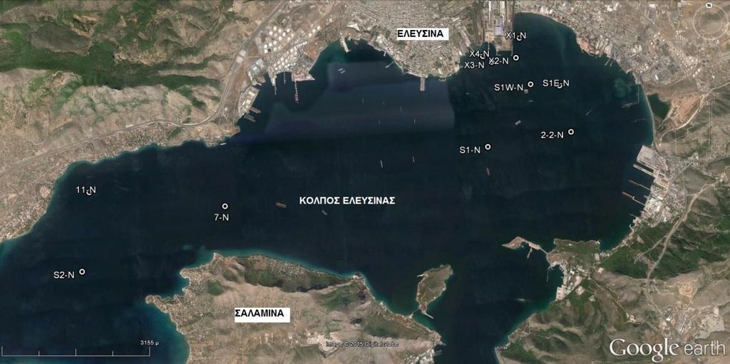 Εικόνα 3.4 Σταθμοί δειγματοληψίας υδατικών δειγμάτων στο κόλπο της Ελευσίνας 3.2 