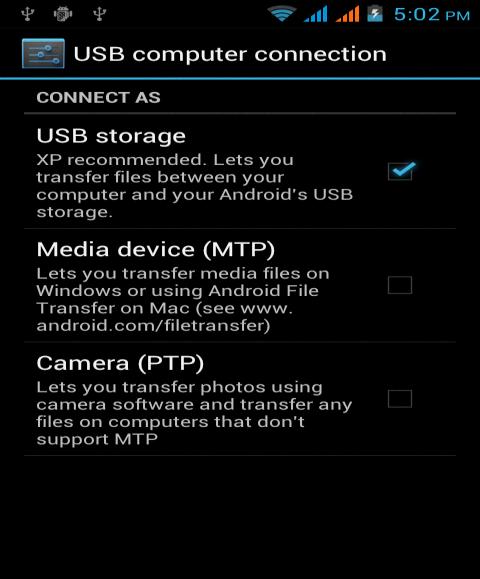 Επιλέξτε USB storage device (Συσκευή αποθήκευσης USB) και θα εμφανιστεί το ακόλουθο παράθυρο διαλόγου: Μπορείτε να αντιγράψετε αρχεία από και προς τον υπολογιστή και τη συσκευή.