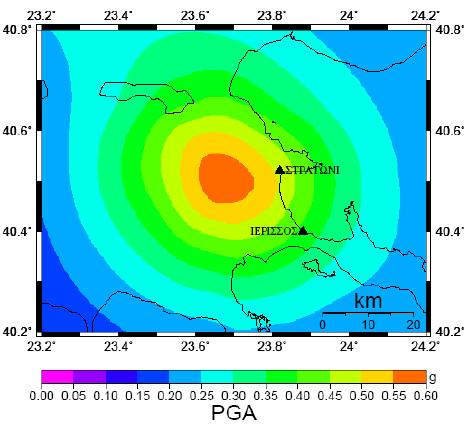 Στην εικόνα 3.16 δίνεται ένας χάρτης σεισμικής επικινδυνότητας (εκφρασμένος σε g) για την περιοχή μελέτης.