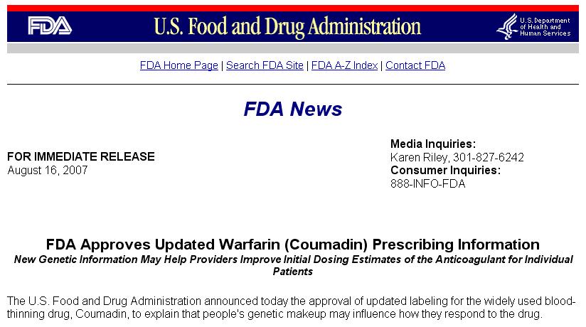 FDA: Δόσεις warfarin