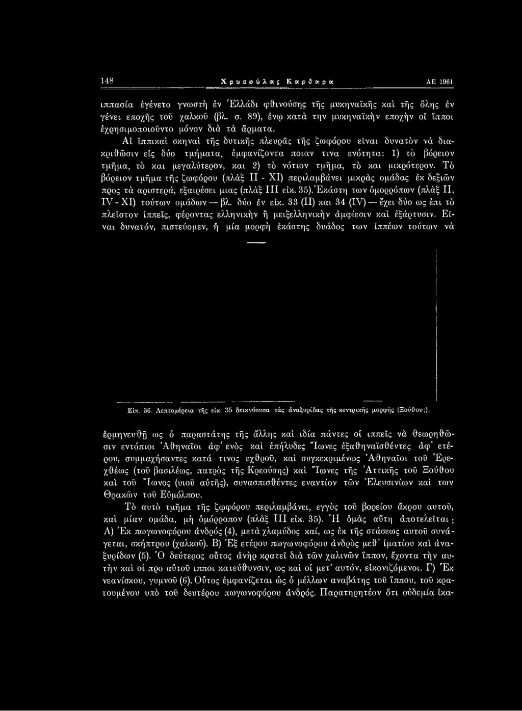 Έκάστη των όμορρόπων (πλάξ II, IV-XI) τούτων ομάδων βλ. δύο έν είκ. 33 (II) και 34 (IV) έ'χει δύο ως έπι τό πλεΐστον ιππείς, φέροντας ελληνικήν ή μειξελληνικήν άμφίεσιν καί έξάρτυσιν.