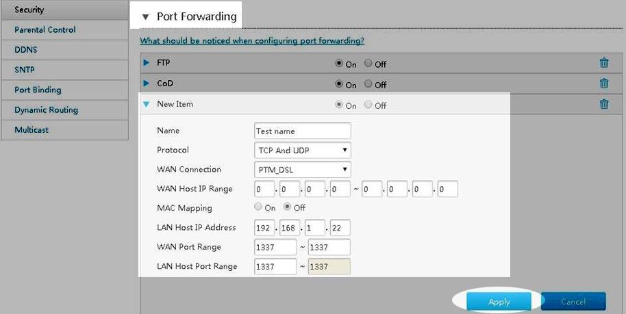 Στο Protocol βάλαµε την θύρα TCP ή UDP. Στο πεδίο WAN Connection ορίζει ο δροµολογητής από µόνος του την φυσική διασύνδεση που έχει πετύχει µε τον κόµβο.