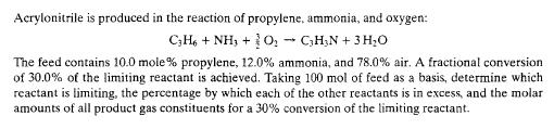 5 ΣΤΟΙΧΕΙΟΜΕΤΡΙΑ ΑΝΤΙΔΡΑΣΗΣ FELDER 4.6.1 Το ακρυλονιτρίλιο παράγεται σύμφωνα με την παραπάνω αντίδραση. Η τροφοδοσία. Έχει σύσταση 10.0 % mol προπυλένιο, 12.