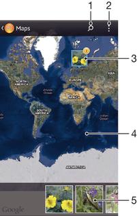 Επισκόπηση του πλακιδίου Χάρτες 1 Αναζητήστε κάποια τοποθεσία στον χάρτη. 2 Δείτε τις επιλογές του μενού. 3 Ομάδα φωτογραφιών και/ή βίντεο που διαθέτουν γεωγραφική ετικέτα με την ίδια τοποθεσία.