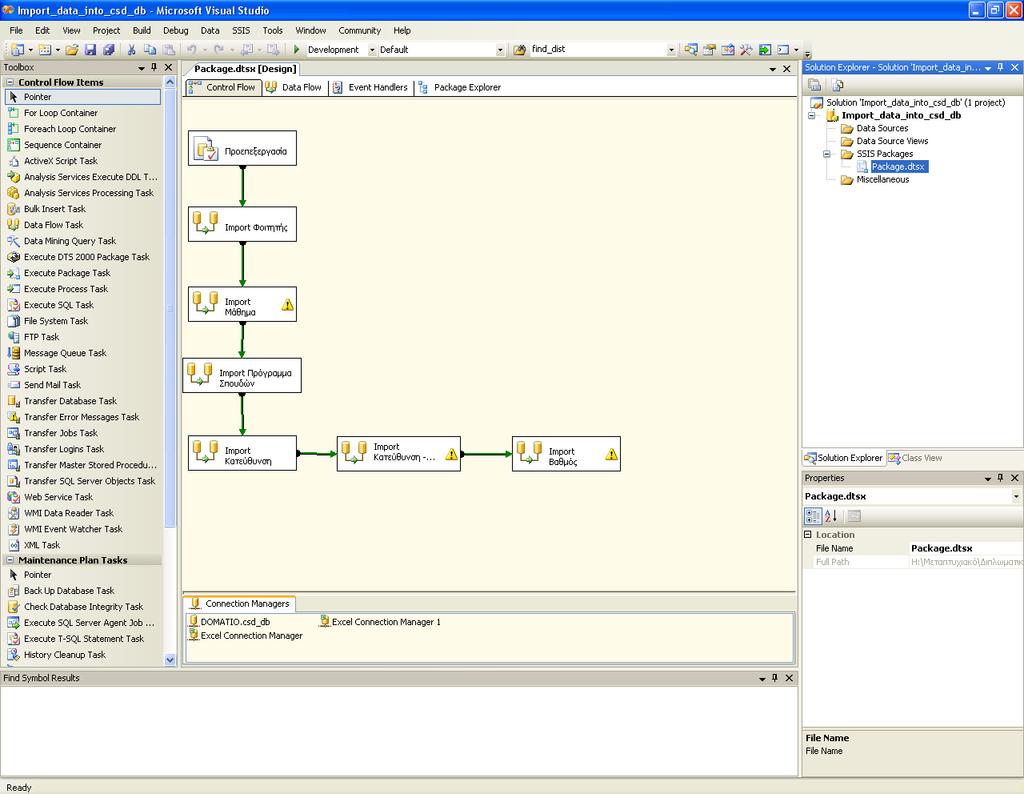 Υλοποίηση 3. Άνοιγμα του πακέτου Package.dtsx από το Solution Explorer που βρίσκεται στο δεξί μέρος της οθόνης. Πραγματοποιείται με διπλό κλικ στο Package.dtsx που βρίσκεται στο φάκελο SSIS Packages.