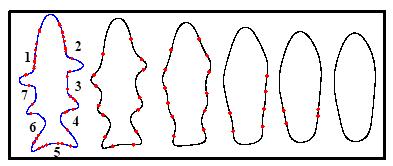 Σχήμα 2: Εξέλιξη της καμπύλης (curve evolution) Παρατηρούμε ότι τα σημεία μηδενισμού βρίσκονται εκατέρωθεν ενός καμπύλου τμήματος και μάλιστα είναι περισσότερα στα σημεία