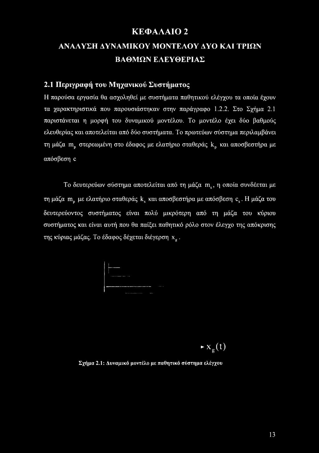 1 παριστάνεται η μορφή του δυναμικού μοντέλου. Το μοντέλο έχει δύο βαθμούς ελευθερίας και αποτελείται από δύο συστήματα.