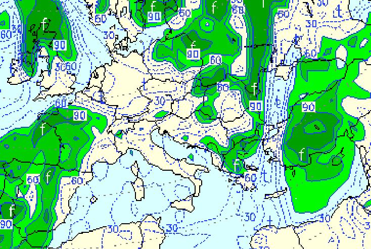 αποχρώσεις αντιστοιχούν σε καθοδικές κινήσεις. β)σχετική υγρασία στην επιφάνεια των 700 mb στις 23Μαίου 2009 στις 12:00 UTC.