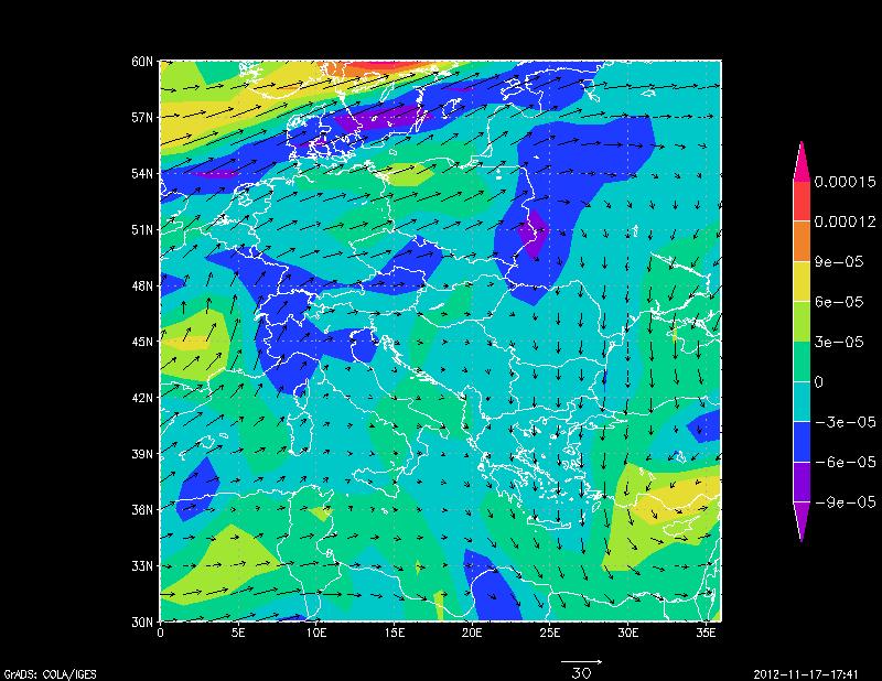 Ο άνεµος στα 500 mb είναι πολύ µικρής ταχύτητας στην περιοχή της αλκανικής χερσονήσου και ο σχετικός στροβιλισµός