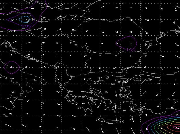Εικόνα 40: Άνεµος στα 10 µέτρα µε βέλη και δείκτης CAPE (j/kg) µε γραµµές στις 10 Μαίου 2009 στις 12:00 UTC. Η λευκή έλλειψη δείχνει την περιοχή όπου οι άνεµοι συγκλίνουν.
