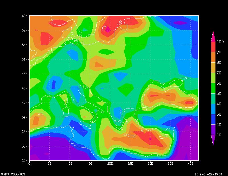 καταιγιδοφόρου συστήµατος. α) β) Εικόνα 41:Σχετική υγρασία στα 1000 mb στις 10 Μαίου 2009 στις α) 6:00 και β) 12:00 UTC.