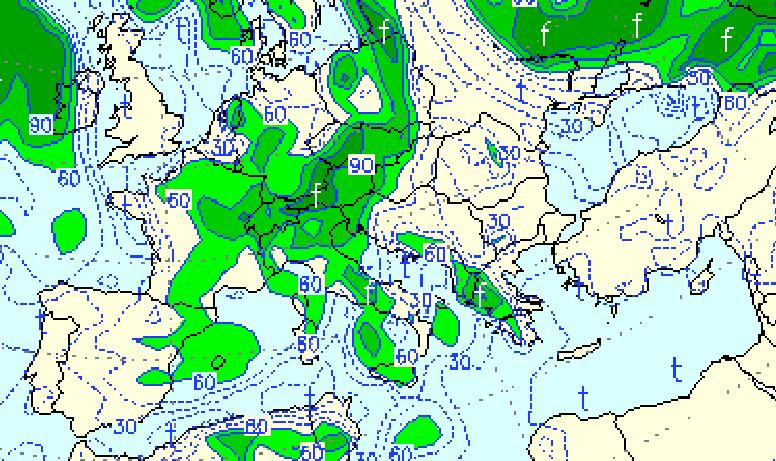 α) β) Εικόνα 70: α) Σχετική υγρασία στην επιφάνεια των 700 mb στις 22 Αυγούστου 2009 στις 12:00 UTC. Οι πράσινες αποχρώσεις αντιστοιχούν σε µεγάλες τιµές σχετικής υγρασίας.