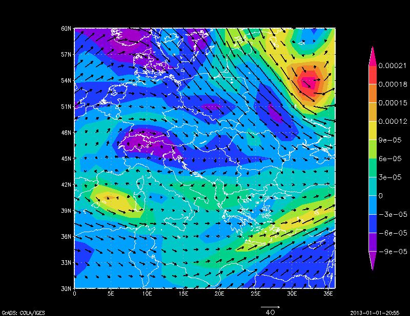 Από το χάρτη µε το σχετικό στροβιλισµό (εικόνα 79β) στην επιφάνεια των 300 mb παρατηρείται ότι στις περιοχές µε τις καταιγίδες είναι ελαφρώς αρνητικός (κόκκινο βέλος) ενώ νοτιότερα αναπτύσσονται