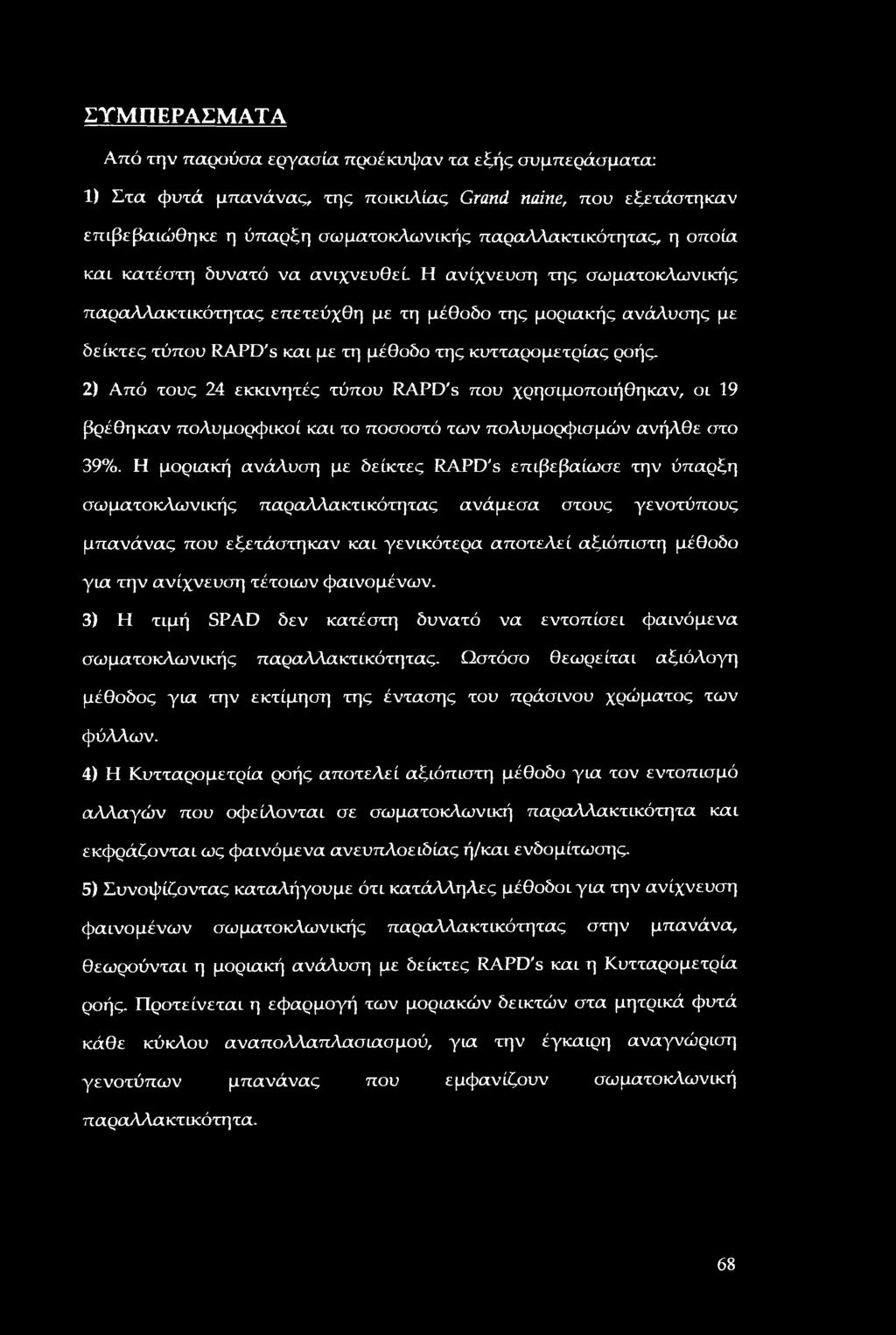 2) Από τους 24 εκκινητές τύπου RAPD's που χρησιμοποιήθηκαν, οι 19 βρέθηκαν πολυμορφικοί και το ποσοστό των πολυμορφισμών ανήλθε στο 39%.