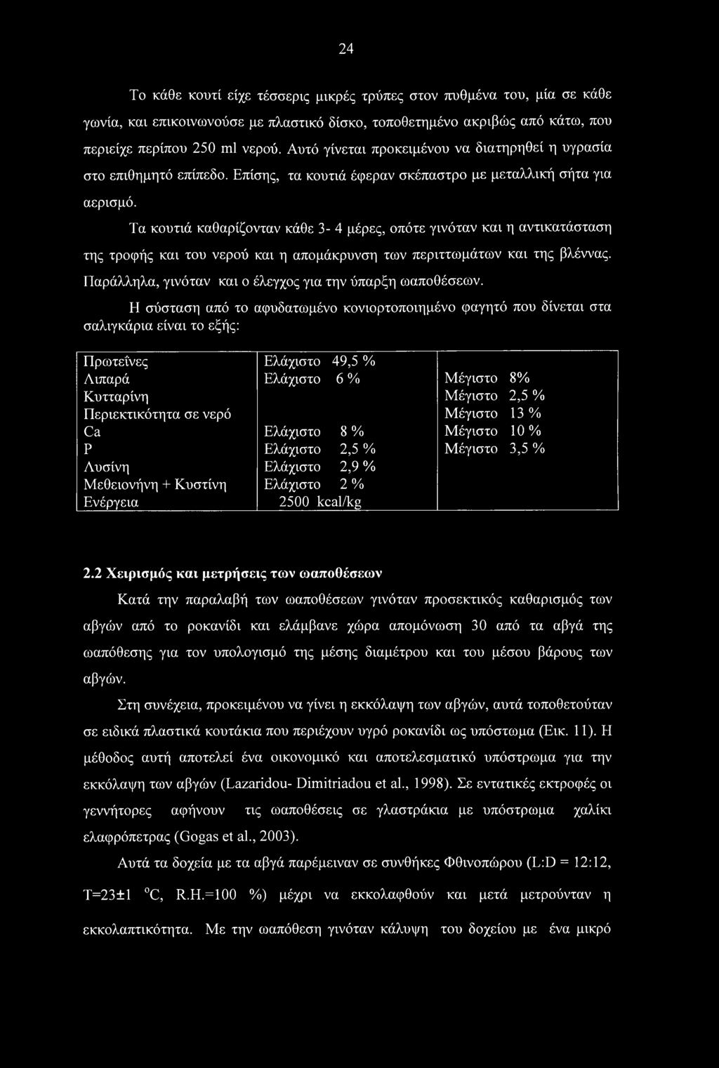 Τα κουτιά καθαρίζονταν κάθε 3-4 μέρες, οπότε γινόταν και η αντικατάσταση της τροφής και του νερού και η απομάκρυνση των περιττωμάτων και της βλέννας.