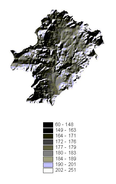 Υδρολογικές εφαρμογές με τη χρήση GIS (4/10) Σχήμα 3: Άποψης (μοίρες) Σχήμα 4: Κλίσης (%) Σχήμα 5: Σκίασης ανάγλυφου (1-256) Ε π ί π ε δ ο ( - 1 ) Β ό ρ ε ι α ( 0-2 2. 5, 3 3 7.