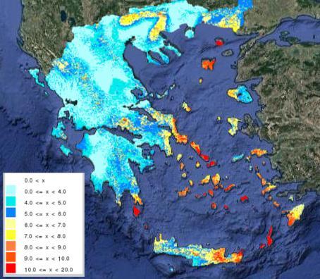 Κεφάλαιο 1 ο Σχήμα 1.1: Χάρτης αιολικού δυναμικού της Ελλάδας με βάση τη μέση ετήσια ταχύτητα ανέμου (m/s) [7] Όπως φαίνεται και στο Σχήμα 1.