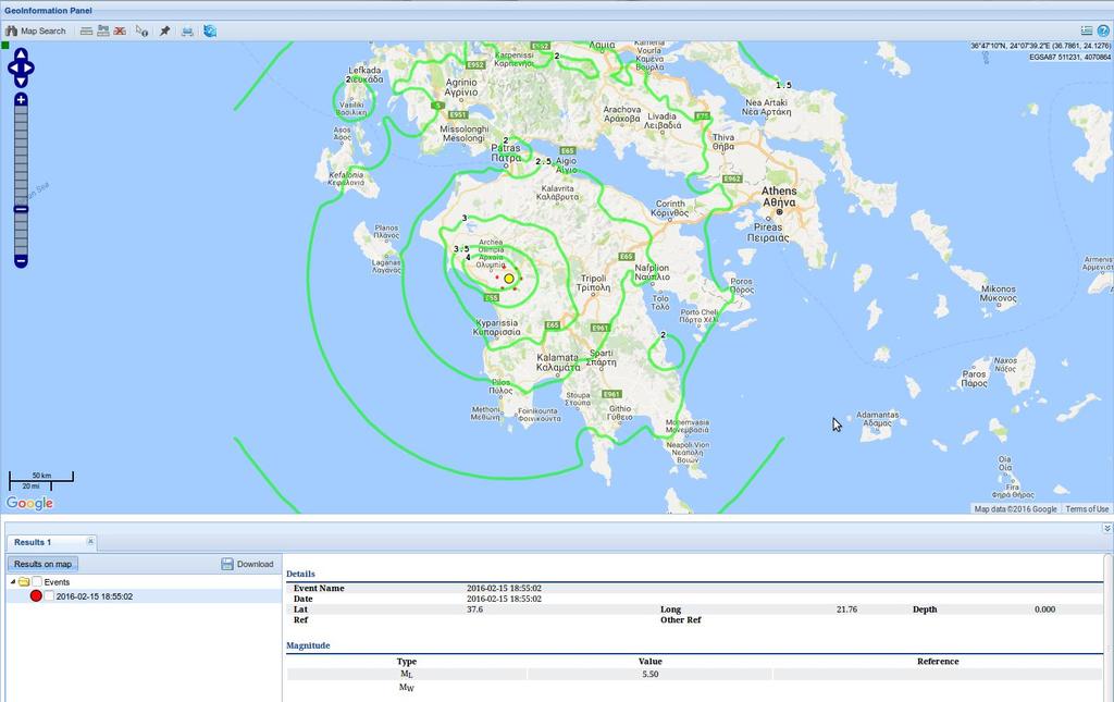 Σχ. 11. Παράδειγμα δημοσίευσης χάρτη αισθητότητας πρόσφατου σεισμού στο περιβάλλον της GHEAD.
