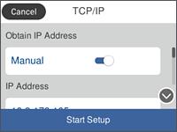 Σύνδεση 4. Πατήστε TCP/IP. 5. Επιλέξτε Μη αυτ. για το στοιχείο Λήψη διεύθυνσης IP.