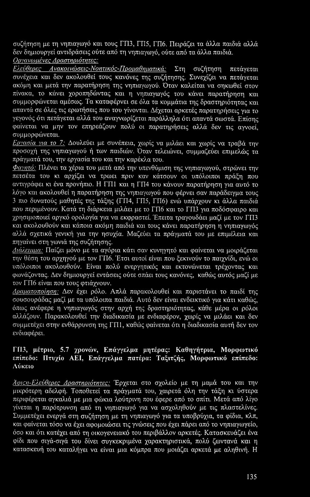 συζήτηση με τη νηπιαγωγό και τους ΓΠ3, ΓΠ5, ΓΠ6. Πειράζει τα άλλα παιδιά αλλά δεν δημιουργεί αντιδράσεις ούτε από τη νηπιαγωγό, ούτε από τα άλλα παιδιά.