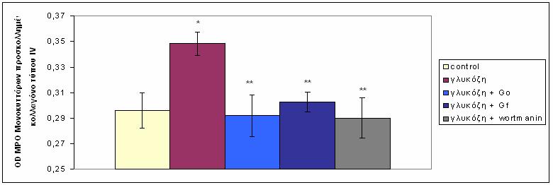 AΠΟΤΕΛΕΣΜΑΤΑ Διάγραμμα 3. Μέτρηση της προσκόλλησης των μονοκυττάρων σε κολλαγόνο τύπου IV με την επίδραση για 30 λεπτά γλυκόζης 20 mm και γλυκόζης με Go 0,5 μm, Gf 10 μμ, ή wortmanin 50nM.