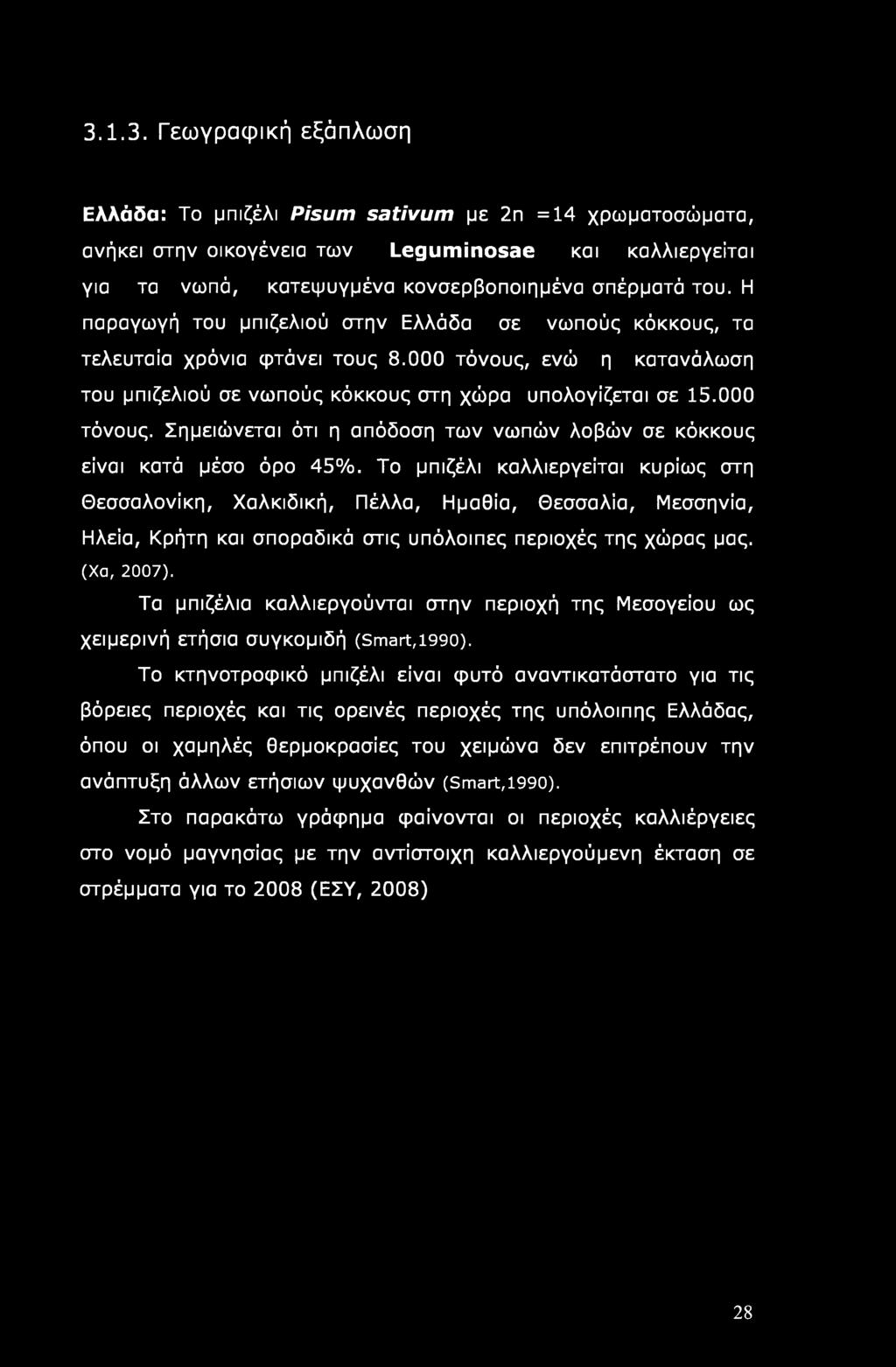 3.1.3. Γεωγραφική εξάπλωση Ελλάδα: Το μπιζέλι Pisum sativum με 2n =14 χρωματοσώματα, ανήκει στην οικογένεια των Leguminosae και καλλιεργείται για τα νωπά, κατεψυγμένα κονσερβοποιημένα σπέρματά του.