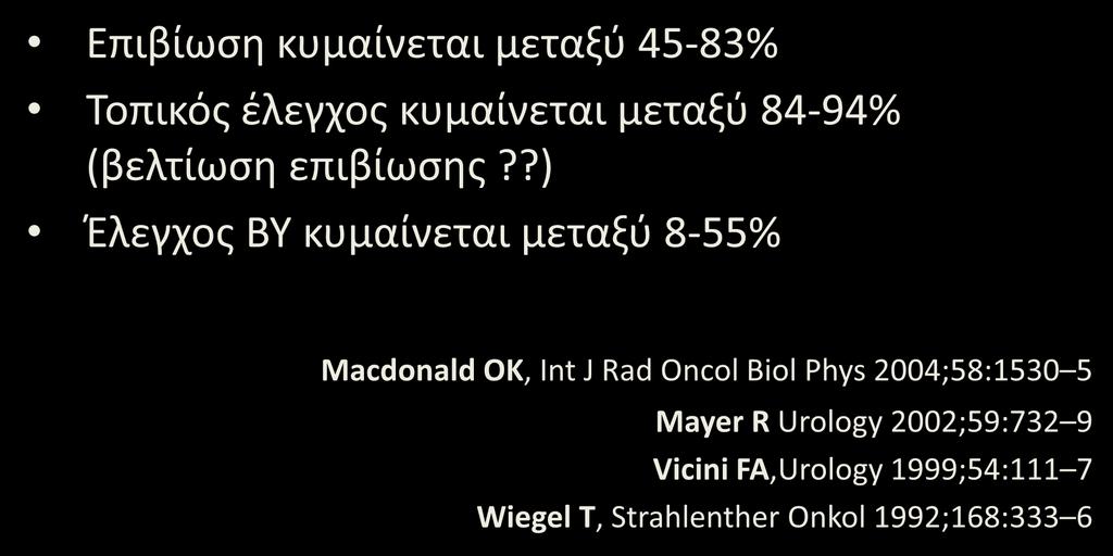 Τοπική υποτροπή μετά από RP: Ριζική θεραπεία-rt Επιβίωση κυμαίνεται μεταξύ 45-83% Τοπικός έλεγχος κυμαίνεται μεταξύ 84-94% (βελτίωση επιβίωσης?