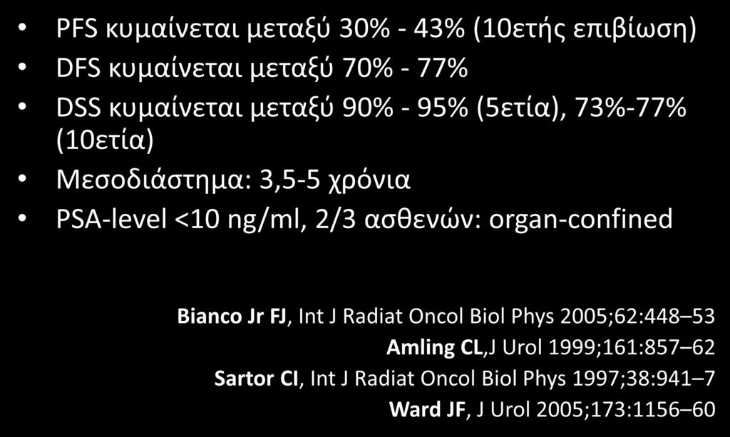 Τοπική υποτροπή μετά από RT: Ριζική θεραπεία-rp PFS κυμαίνεται μεταξύ 30% - 43% (10ετής επιβίωση) DFS κυμαίνεται μεταξύ 70% - 77% DSS κυμαίνεται μεταξύ 90% - 95% (5ετία), 73%-77% (10ετία)